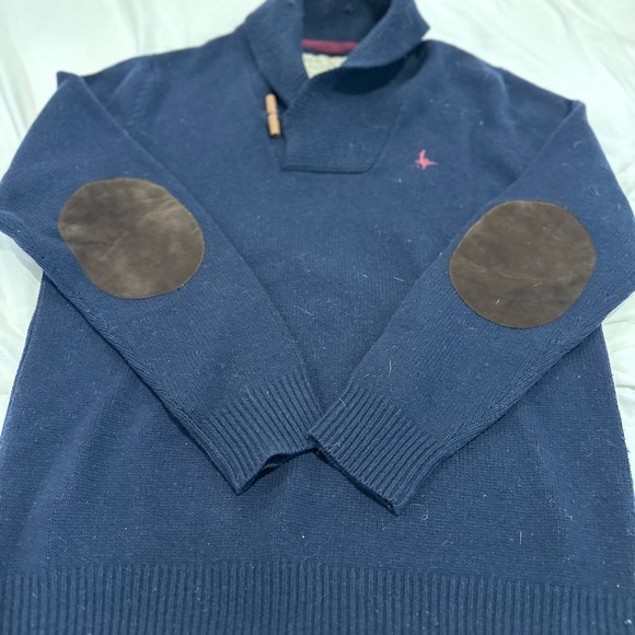 Jack Wills Men’s Wool XL Navy Blue Shawl Collar Pullover Sweater W/ Elbow Patch. - Picture 6 of 11